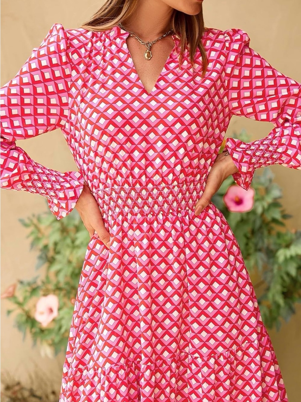 #62 Pretty Garden Pink Geometric V-Neck Long Sleeve Maxi Dress - Picture 2 of 8